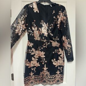Black and Gold Sequin Floral Dress